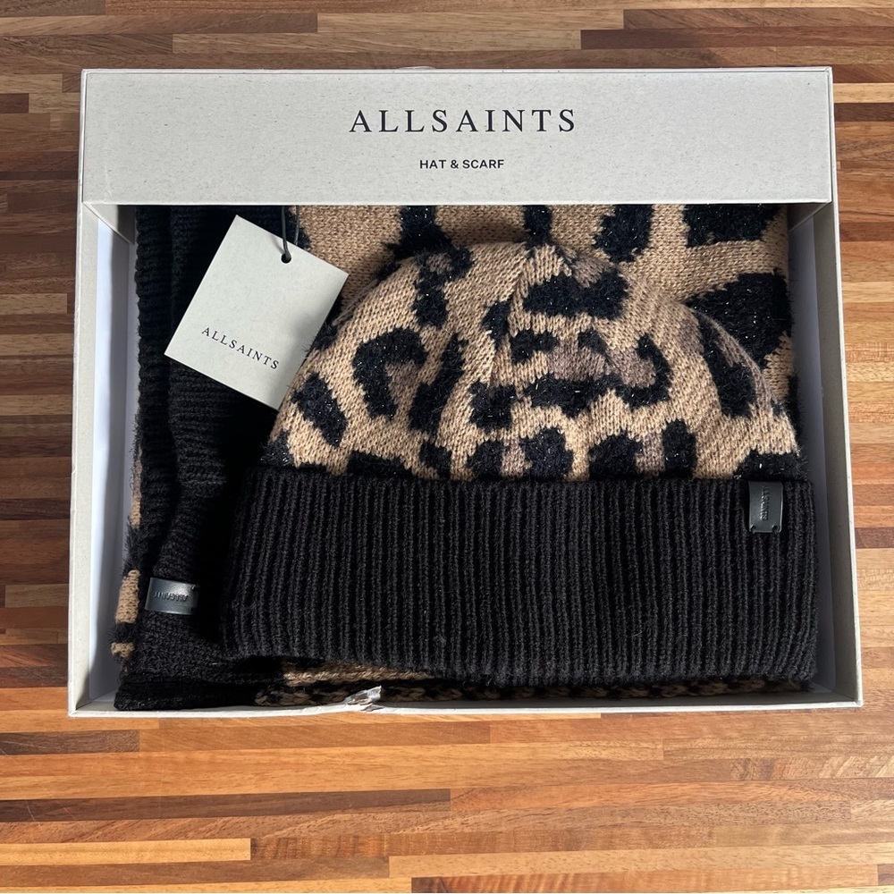 All Saints Leopard Tan and black Hat and Scarf Set